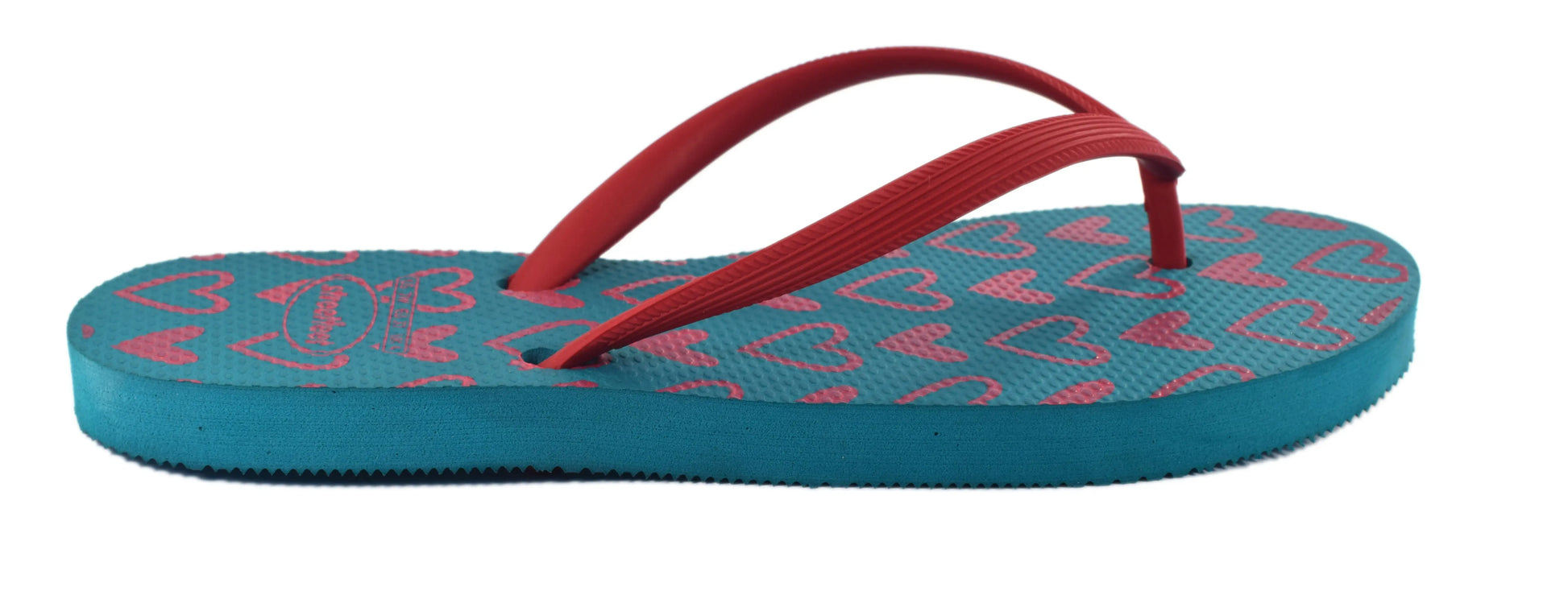 Lovestep women's flip flops with blue sole, red heart print, and red strap

