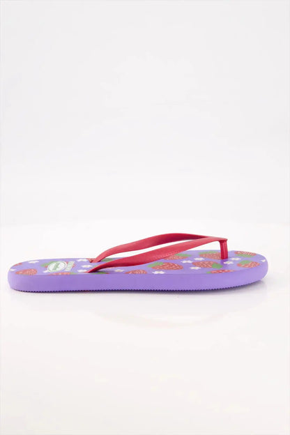 Fruity Flip Flops by StreetFeet – Light purple sole with red straps and strawberry print, stylish ladies chappal with cushioned footbed for comfort

