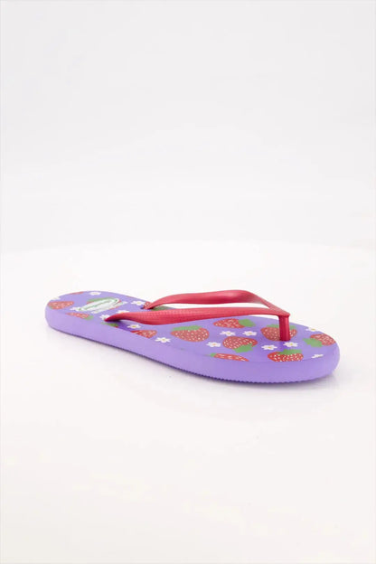 Fruity Flip Flops by StreetFeet – Light purple sole with red straps and strawberry print, stylish ladies chappal with cushioned footbed for comfort
