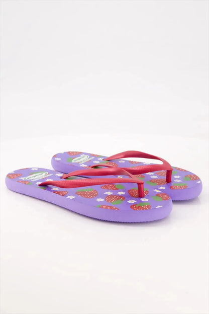 Fruity Flip Flops by StreetFeet – Light purple sole with red straps and strawberry print, stylish ladies chappal with cushioned footbed for comfort
