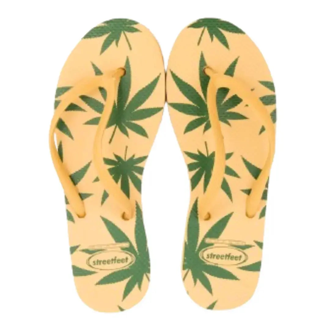 Leafy Pattern Flip-Flops with vibrant green leaf design, featuring soft cushioned soles and sturdy rubber straps.
Lightweight and breathable flip flops for casual everyday wear, perfect for summers.
Ideal ladies sandals for any occasion and activity. 
Available in 2 versatile color combinations-  yellow & black and green & off-white.