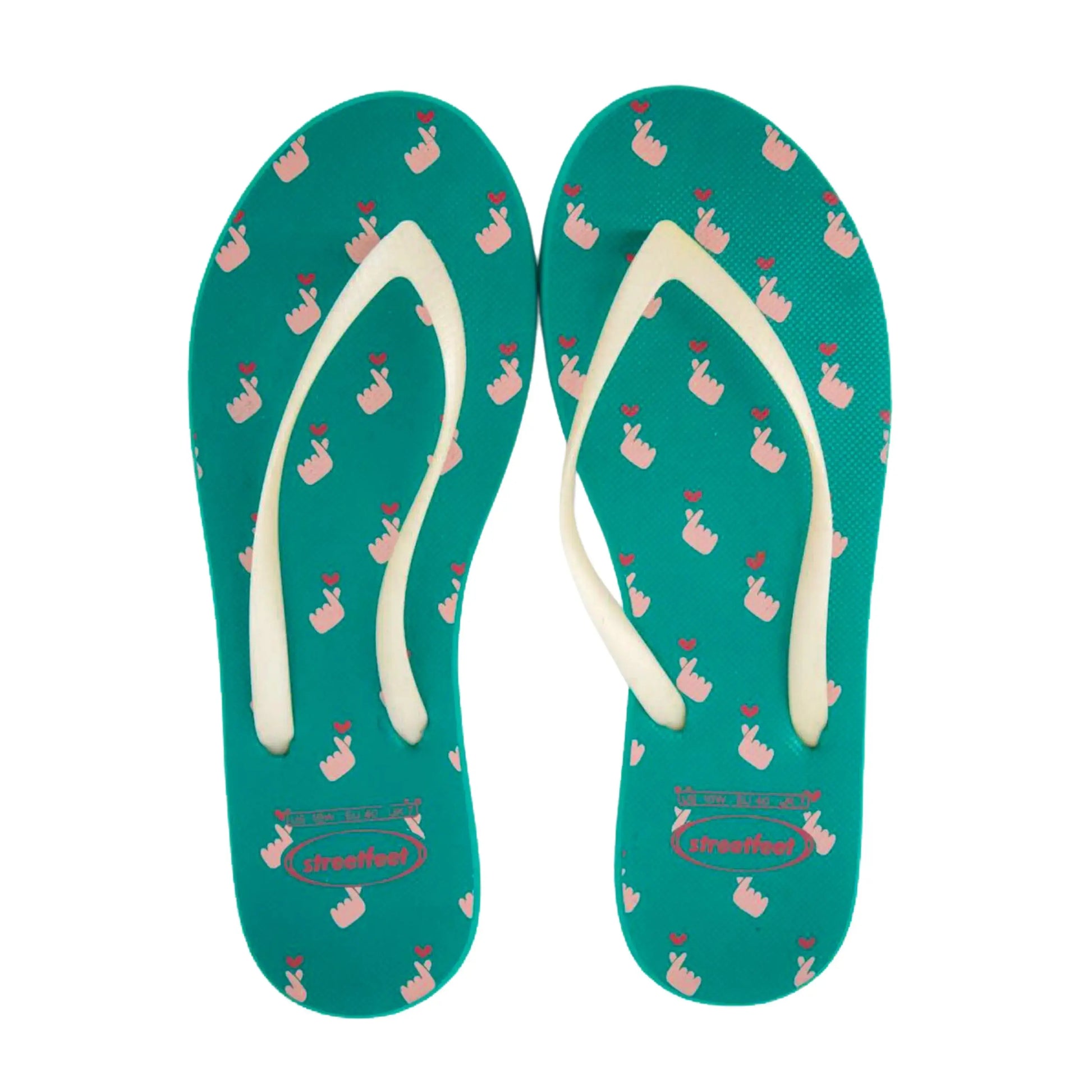 K-HEART Flip Flops by StreetFeet –  A light-green, stylish, breathable and comfortable pair of ladies chappal with finger heart design, cushioned footbed, and durable outsole with strong off-white straps. Perfect for K-pop lovers and those who love a cute, minimal style.  