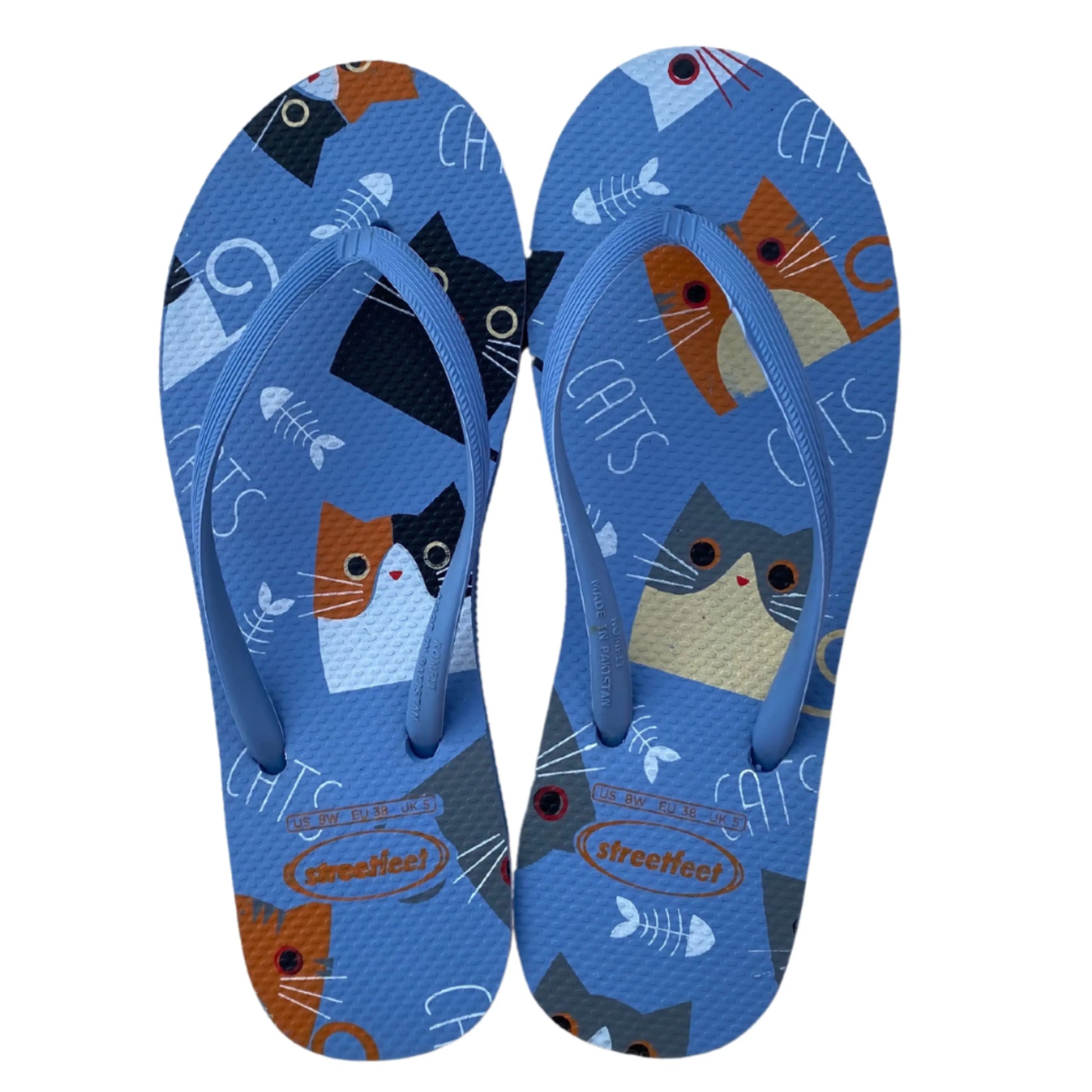 Light blue Purrfect flip flops with cat and fish skeleton print

