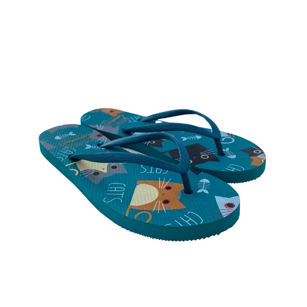 Dark green Purrfect flip flops with cat and fish skeleton print

