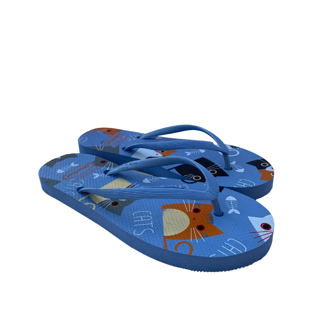 Light blue Purrfect flip flops with cat and fish skeleton print


