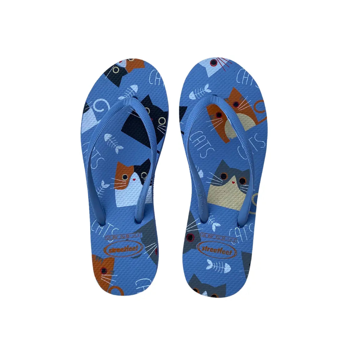 Light blue Purrfect flip flops with cat and fish skeleton print

