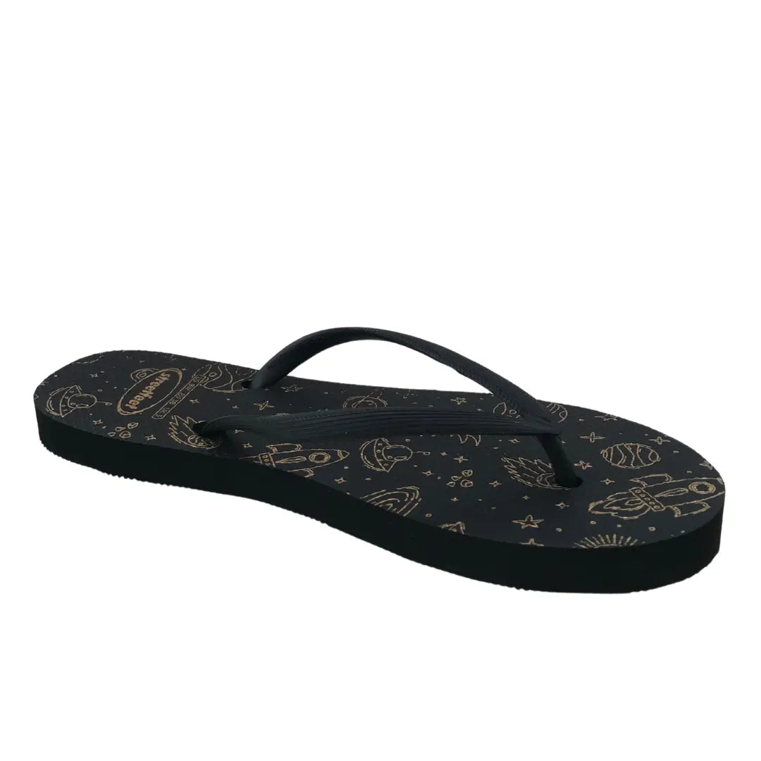 Ladies flip flops with celestial gold rocket and planet design on a dark background from Streetfeet

