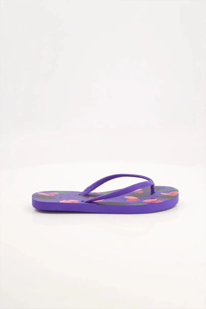 Tulip Flip Flops by StreetFeet – Purple sole with tulip flower print and black strap, fashionable ladies sandals with cushioned comfort and stylish flair

