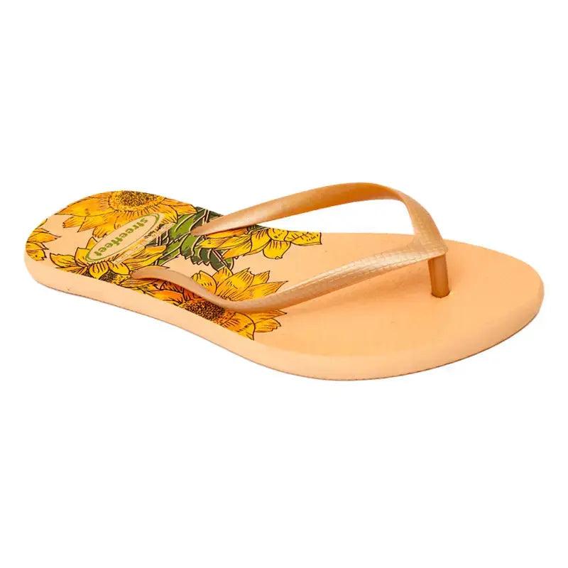 Bloom Flip-Flops featuring a yellow floral design, soft cushioned soles, and durable rubber straps for everyday comfort. Available in 4 variants- yellow, red, black and white.