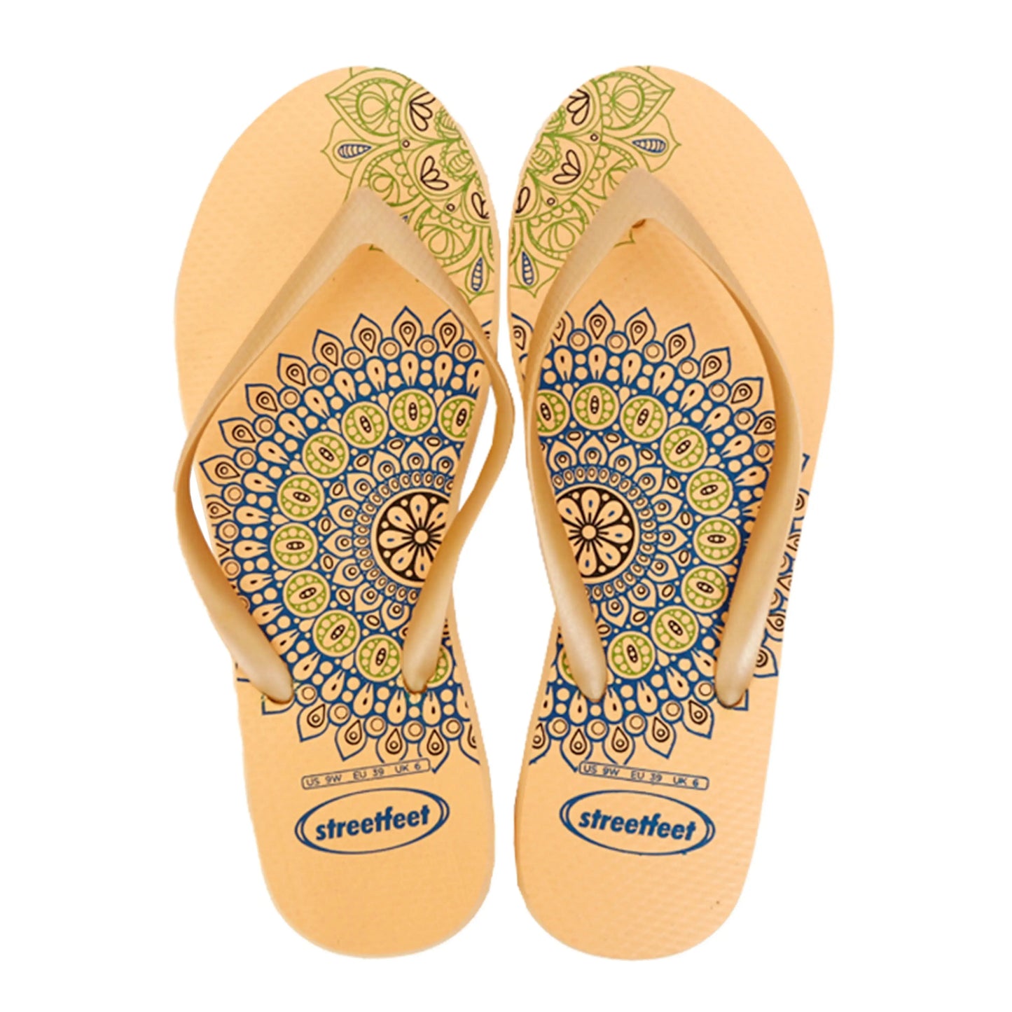 Mandala Flip Flops by StreetFeet – Trendy and comfortable footwear  option with intricate mandala design, cloud-like footbed, and durable outsole. Available in 5 vibrant color combinations.