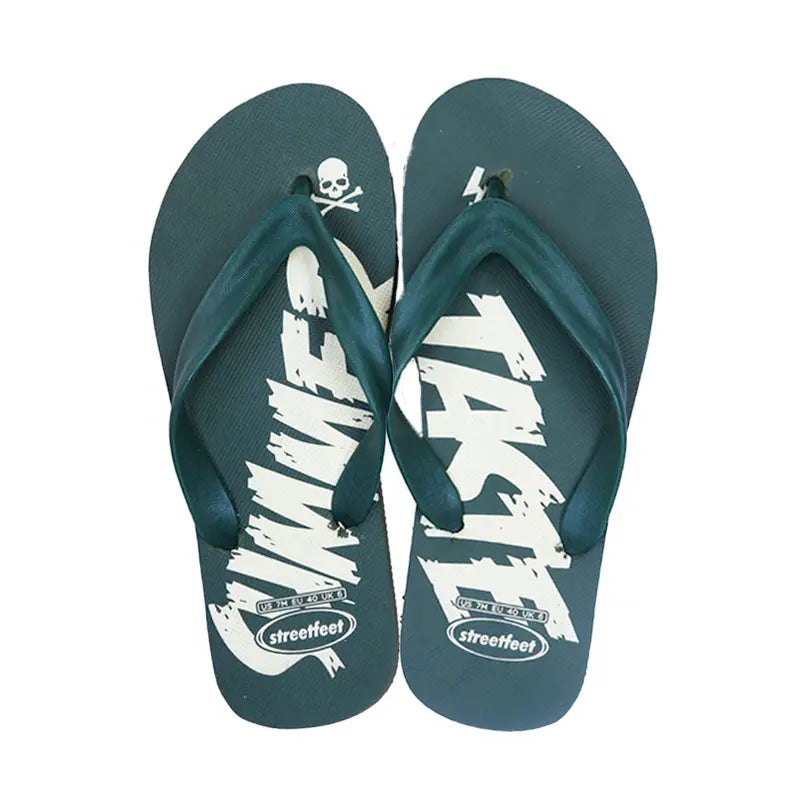 Men’s Summer Taste Flip-Flops by Street Feet featuring vibrant printed designs, lightweight cushioned soles, and durable rubber straps for casual, breathable all-day comfort. Available in 4 masculine colours- Grey, green read and blue.