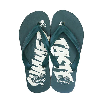 Men’s Summer Taste Flip-Flops by Street Feet featuring vibrant printed designs, lightweight cushioned soles, and durable rubber straps for casual, breathable all-day comfort. Available in 4 masculine colours- Grey, green read and blue.