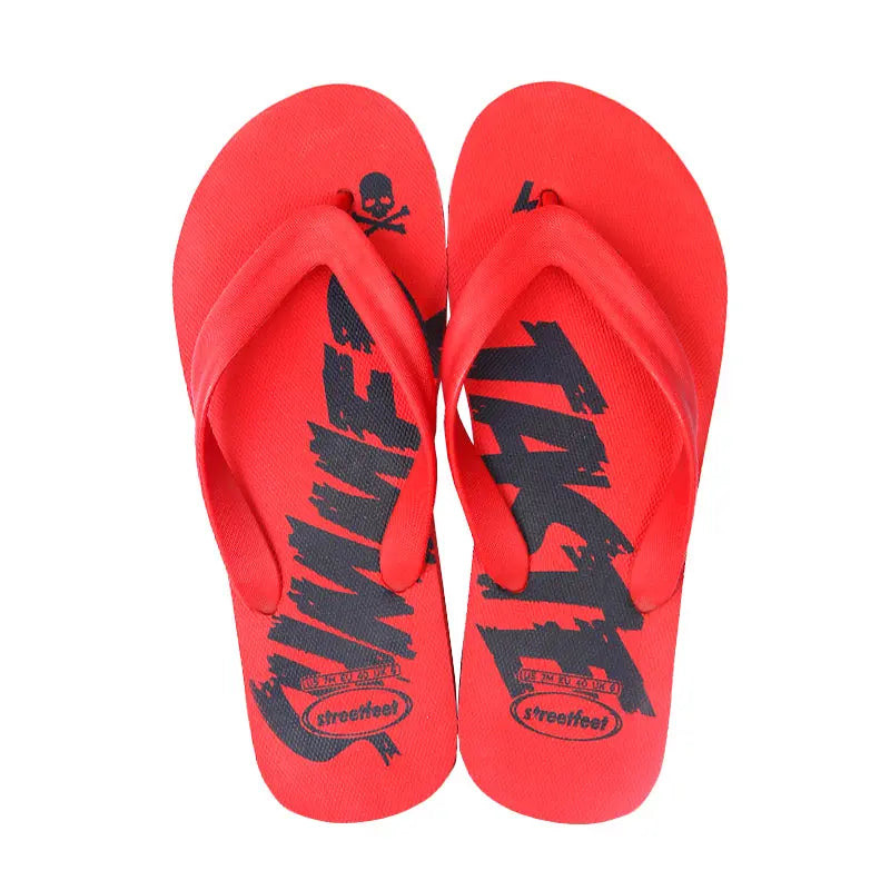 Men’s Summer Taste Flip-Flops by Street Feet featuring vibrant printed designs, lightweight cushioned soles, and durable rubber straps for casual, breathable all-day comfort. Available in 4 masculine colours- Grey, green read and blue.